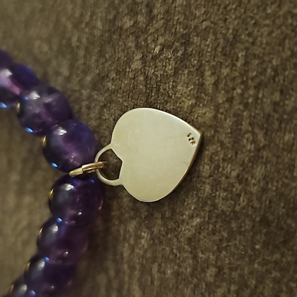 Sterling Silver Heart Charm Amethyst Beaded Stretch Bracelet - Picture 5 of 5